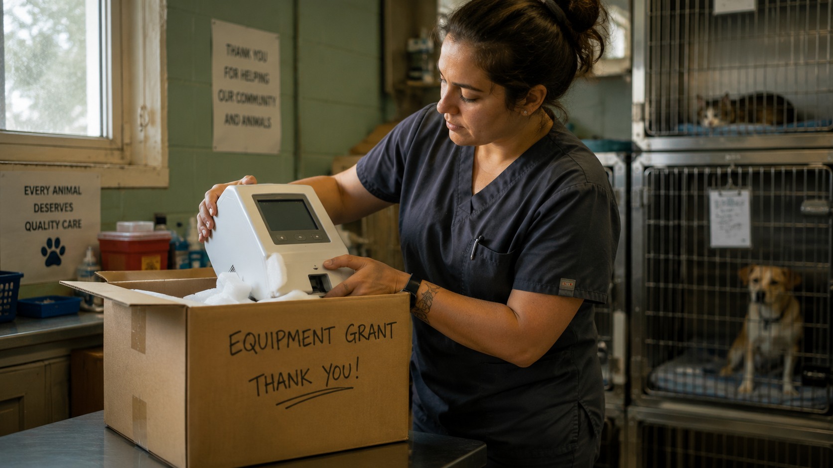 Shelter veterinary technician unpacking donated diagnostic equipment in a modest clinic