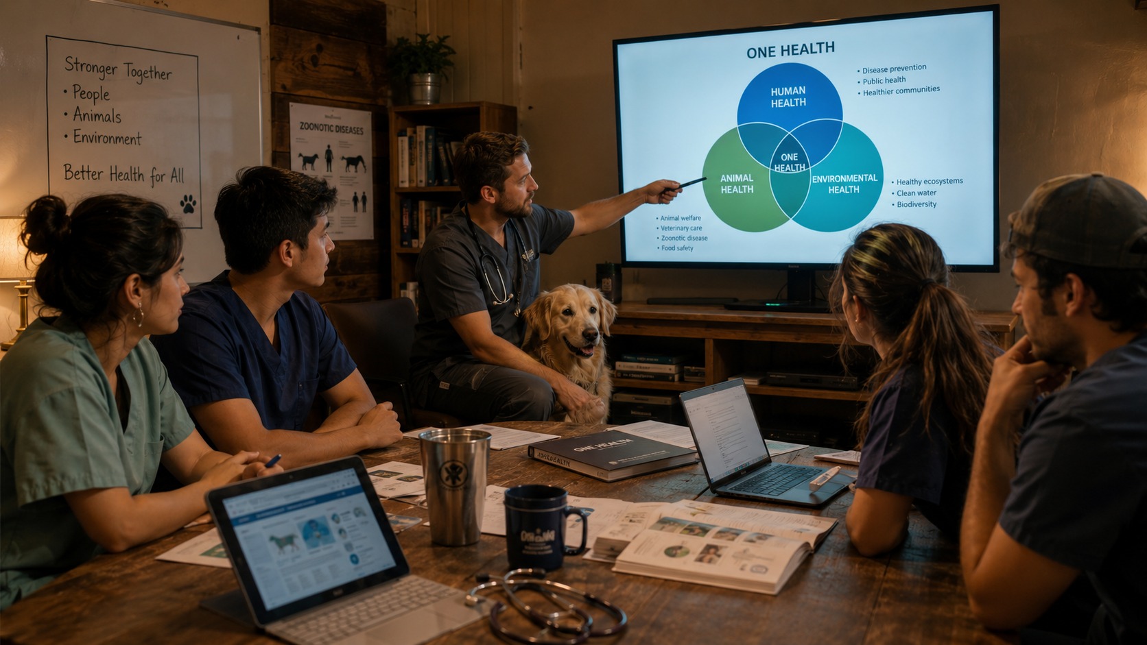 Veterinary and human health practitioners gathered around a One Health education diagram