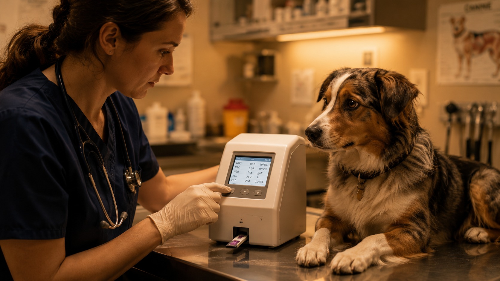 Veterinarian using a point-of-care analyzer beside a calm dog in a clinic